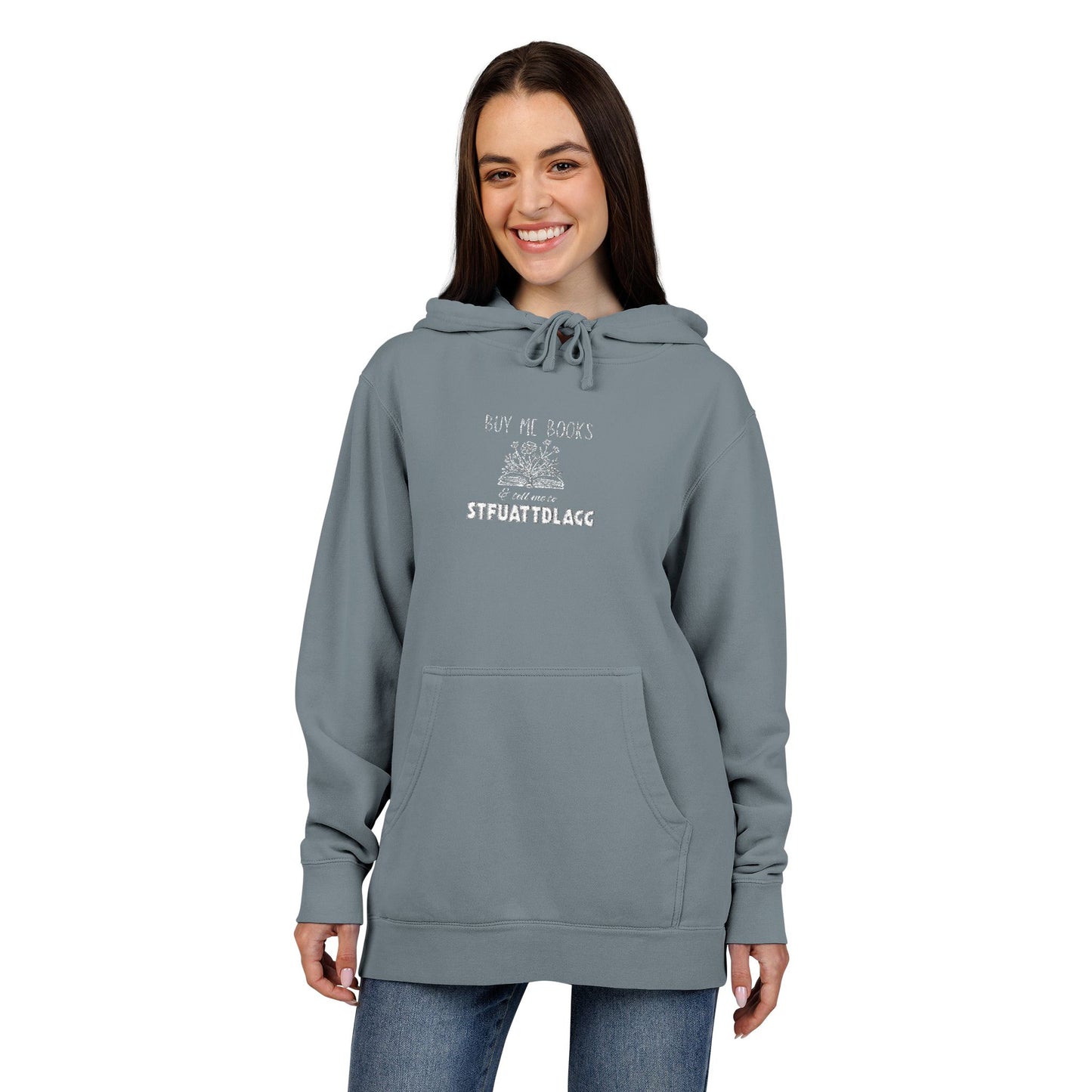 Buy Me Books Hoodie – Embroidered Unisex Pigment-Dyed Sweatshirt | Book Lover Gift, Dark Academia Aesthetic